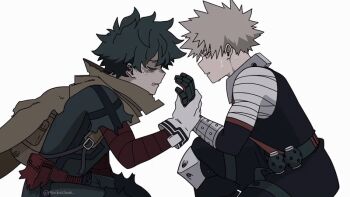 animated animated_gif backpack bag bakudeku bakugou_katsuki bandages blonde_hair boku_no_hero_academia bones_(company) cape closed_eyes comforting crying curly_hair dirty freckles gloves green_hair messy_hair midoriya_izuku mochicchan sad shounen_jump spiked_hair superhero_costume sweatdrop tears yaoi