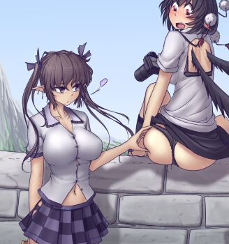 2girls arm_at_side arm_behind_back ass back_cutout black_bra black_hair black_panties black_socks black_wings blue_sky blush bra bra_peek breasts brick_wall brown_hair buttons camera cellphone checkered_clothes checkered_skirt cleavage closed_mouth clothing_cutout collarbone cowboy_shot day earrings expressionless eyebrows from_behind geta grabbing_another&#039;s_ass groping hair_ribbon hater_(hatater) heart highres himekaidou_hatate hip_vent holding holding_camera jewelry kneehighs large_breasts looking_at_another looking_back mountain multiple_girls navel navel_piercing on_wall open_mouth outdoors panties panty_peek phone piercing plaid_clothes plaid_skirt pointy_ears pom_pom_(clothes) purple_eyes red_eyes ribbon shameimaru_aya short_hair short_sleeves skirt sky socks spoken_heart stone_wall surprised tengu-geta thong touhou twintails underwear wall wings yuri