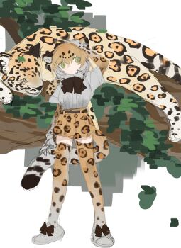 1girl animal animal_ears animal_print arm_up arms_at_sides behind_another belt black_bow black_bowtie black_hair bow bowtie closed_mouth creature_and_personification elbow_gloves footwear_bow fur_scarf gloves green_eyes grey_hair grey_shirt hair_between_eyes hand_on_own_head highres jaguar jaguar_(kemono_friends) jaguar_ears jaguar_girl jaguar_tail kemono_friends legs_apart leopard_print looking_to_the_side medium_hair miniskirt multicolored_hair orange_hair oversized_animal personification print_gloves print_scarf print_skirt print_thighhighs ptyynghere scarf shirt shirt_tucked_in shoes short_sleeves sketch skirt standing tail thighhighs zettai_ryouiki