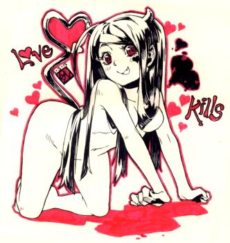 1girl all_fours blush breasts commentary demon_girl demon_tail english_commentary english_text eyelashes fang full_body heart heart_on_cheek heart_tail horns long_hair looking_at_viewer medium_breasts open_mouth original outline poch4n red_eyes red_outline simple_background smile solo spot_color tail tail_raised white_background