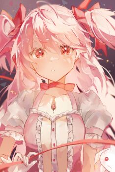 1girl :3 absurdres bow chest_jewel choker collarbone commentary dress gem glint gloves hair_between_eyes hair_bow highres holding holding_ribbon kaname_madoka kaname_madoka_(magical_girl) kyubey long_hair looking_at_viewer magical_girl mahou_shoujo_madoka_magica mahou_shoujo_madoka_magica_(anime) miyabi_(inarizushi) parted_lips pink_background pink_bow pink_choker pink_dress pink_eyes pink_gemstone pink_hair pink_ribbon pink_theme ribbon shards short_sleeves two_side_up white_gloves