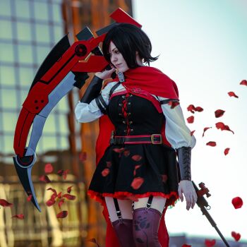 1girl abi_aikou belt black_belt black_hair blurry blurry_background brown_thighhighs cosplay cosplay_photo crescent_rose dress female_focus gradient_hair grey_eyes highres holding holding_scythe long_sleeves looking_down looking_to_the_side multicolored_hair petals photo_(medium) real_life red_hair rose_petals ruby_rose ruby_rose_(cosplay) rwby scythe short_dress solo thighhighs zettai_ryouiki