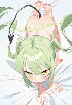 1girl absurdres all_fours ass bed_sheet blue_archive blush commentary completely_nude demon_tail fang green_hair halo highres loli long_hair looking_at_viewer minojko112 nozomi_(blue_archive) nude pointy_ears saliva skin_fang soles solo sweat tail toenails toes tongue tongue_out twintails very_long_hair yellow_eyes
