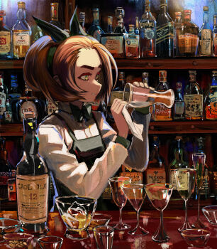 Rule 34 | 1girl, absurdres, alcohol, apron, bar (place), black apron, black bow, black bowtie, black hair, black hairband, bottle, bow, bow hairband, bowtie, cleaning, clip studio paint (medium), commentary request, cup, eudetenis, forehead, from side, glass, grimace, hairband, hands up, highres, holding, holding cup, indoors, long sleeves, multicolored eyes, original, shelf, shirt, short hair, slice of life, solo, standing, sweat, thick eyebrows, white shirt