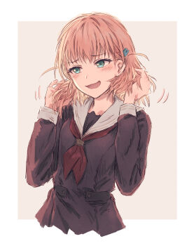 Rule 34 | 1girl, :d, aqua eyes, averting eyes, blush, border, breasts, brown dress, commentary, crossed legs, dress, grey background, hair ornament, hasu no sora school uniform, highres, hinoshita kaho, link! like! love live!, long sleeves, looking to the side, love live!, medium breasts, medium hair, neckerchief, open mouth, orange hair, outside border, playing with own hair, pleated dress, rabbit hair ornament, red neckerchief, sailor collar, sailor dress, school uniform, simple background, smile, solo, two side up, virtual youtuber, white border, white sailor collar, winter uniform, yukitake (bullfalk)