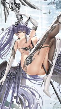 1girl absurdly_long_hair absurdres ashiri_(echocalypse) ass between_breasts between_thighs boots breasts cleavage commentary echocalypse elbow_gloves english_commentary full_body gloves gun hair_between_eyes high_heels highres large_breasts legs long_hair looking_at_viewer official_art official_wallpaper pasties pole purple_eyes purple_hair solo solo_focus thigh_boots thighhighs thighs twintails very_long_hair weapon