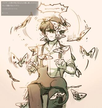 Rule 34 | 1boy, animal, animal on lap, bug, butterfly, cat, cat on lap, closed eyes, closed mouth, collared shirt, greyscale, highres, insect, limbus company, long sleeves, male focus, monochrome, on lap, pants, pout, project moon, shirt, sitting, solo, surumenabe, suspenders, sweat, too many, too many butterflies, yi sang (project moon)