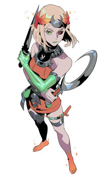 1girl ancient_greek_clothes asymmetrical_arms black_sclera blonde_hair bone byuub colored_sclera dress glowing_arm greco-roman_clothes green_eyes green_lips hades_(series) hades_2 holding holding_sickle laurel_crown melinoe_(hades) mismatched_sclera orange_dress see-through_body sickle skeletal_arm