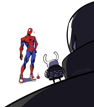 1girl 1other 2boys abs animal_print barefoot best_shortcut black_jacket black_skin blue_bodysuit bodysuit cape colored_skin commentary english_commentary grin hands_in_pockets highres hollow_knight hornet_(hollow_knight) jacket jewelry knight_(hollow_knight) male_focus marvel multicolored_bodysuit multiple_boys muscular muscular_male nike_(company) nike_air_force_1 open_clothes open_jacket pectorals peter_parker print_jacket red_bodysuit red_cape red_shoes shadow sharp_teeth shoes size_difference smile sneakers spider-man spider-man_(series) spider_print spider_web_print standing superhero_costume teeth two-tone_bodysuit venom_(marvel) white_background white_mask