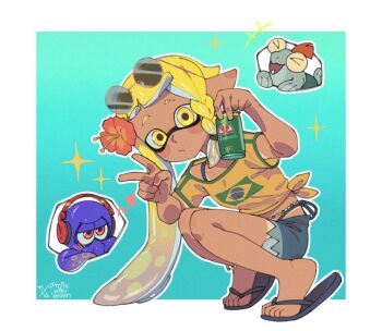 >_< 1boy 1girl ariamikukanzaki beer_can bikini bikini_under_clothes blonde_hair blue_shorts blush_stickers braid brazilian_flag brazilian_miku brazilian_miku_(cosplay) can commentary cosplay drink_can eyebrow_cut eyewear_on_head flip-flops flower hair_flower hair_ornament hatsune_miku headphones highleg highleg_bikini hirooooo_(splatoon) holding holding_can inkling nintendo octopus sandals shirt short_shorts shorts side_braid smallfry_(splatoon) splatoon_(series) splatoon_3 squatting sunglasses swimsuit tan tanline tentacle_hair tied_shirt twitter_username v veronika_(splatoon) vocaloid yellow_eyes