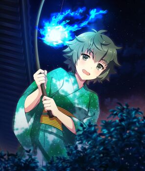 1girl architecture black_sky bush cowboy_shot dot_nose east_asian_architecture fishing_rod from_below game_cg gradient_sky green_eyes green_hair green_kimono hands_up hitodama holding holding_fishing_rod japanese_clothes kimono light_smile looking_at_viewer night obi official_art open_mouth orange_sky polka_dot polka_dot_kimono sash short_hair sky solo star_(sky) starry_sky tatsunami_momo third-party_source toji_no_miko toji_no_miko:_kizamishi_issen_no_tomoshibi yellow_sash yukata