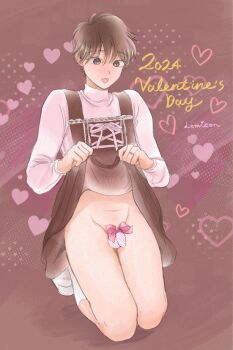 1boy bare_legs blush brown_dress brown_eyes brown_hair clothes_lift crossdressing crossdressing_(mtf) dress dress_lift lifting_own_dress english_text heart lemicon no_panties original overall_dress pink_ribbon pink_shirt ribbon ribbon_on_penis shirt shoes short_hair socks trap white_shoes white_socks