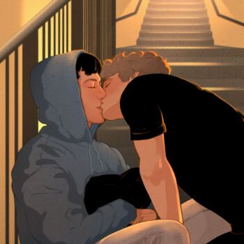 2boys absurdres bag black_bag black_hair black_shirt blonde_hair blue_hoodie closed_eyes commentary curly_hair drawstring english_commentary from_side heated_rivalry highres holding holding_bag hood hood_up hoodie ilya_rozanov katenearts kiss long_sleeves male_focus multiple_boys pants scene_reference shane_hollander shirt short_sleeves sitting sitting_on_stairs stairs t-shirt white_pants yaoi