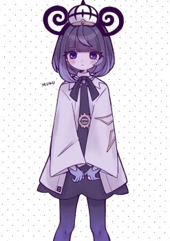 1girl belt belt_buckle black_dress blue_gloves blush bob_cut buckle character_name closed_mouth coat dotted_background dress ebi_mirin gloves gwynn_(pokemon) hat highres long_sleeves looking_at_viewer nintendo o-ring o-ring_belt open_clothes open_coat pantyhose partially_submerged pokemon pokemon_legends:_z-a purple_eyes purple_hair purple_pantyhose short_hair solo white_coat