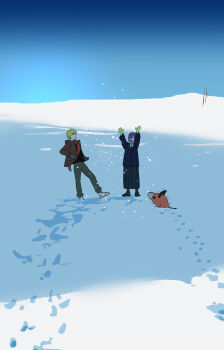 1boy 1girl absurdres blonde_hair chainsaw_man coat couple denji_(chainsaw_man) dog footprints happy highres moti1250 pochita_(chainsaw_man) purple_hair reze_(chainsaw_man) scarf snow snow_globe