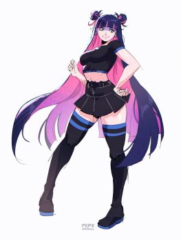 1girl black_thighhighs blue_eyes breasts colored_inner_hair crop_top double_bun hair_bun highres large_breasts long_hair miniskirt multicolored_hair panty_&amp;_stocking_with_garterbelt pepedraws skirt solo stocking_(psg) thighhighs very_long_hair