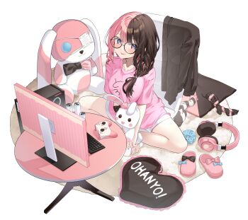 1girl absurdres black_jacket blue_eyes borumete closed_mouth commentary_request glasses greyscale headphones highres jacket long_hair looking_at_viewer monochrome multicolored_hair pink_hair pink_shirt pink_slippers shirt short_sleeves shorts simple_background sitting slippers smile socks solo split-color_hair striped_clothes striped_socks stuffed_toy tachibana_hinano tongue tongue_out two-tone_hair unworn_jacket unworn_socks virtual_youtuber vspo! white_background white_shorts