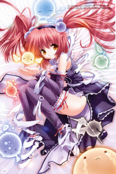 1girl absurdres ankle_garter arm_garter female_focus highres long_hair pink_hair solo thighhighs twintails ueda_ryou wrist_cuffs yellow_eyes