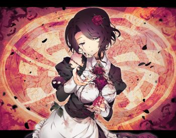 1girl apron ascot blood bloody_tears blue_eyes breasts brown_hair commentary_request dress flower frills highres hinamikan injury large_breasts long_sleeves maid puffy_sleeves red_ascot rose shannon_(umineko) short_hair solo thorns torn torn_clothes umineko_no_naku_koro_ni waist_apron