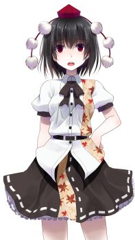 1girl arm_behind_back belt black_belt black_bow black_bowtie black_hair black_skirt bow bowtie buttons collared_shirt commentary_request cowboy_shot crote frilled_skirt frills furrowed_brow hand_on_own_hip hat highres large_variant_set leaf_print legs_apart looking_at_viewer maple_leaf_print open_mouth puffy_short_sleeves puffy_sleeves red_eyes red_hat ribbon-trimmed_skirt ribbon_trim shameimaru_aya shirt short_hair short_sleeves skirt sleeve_cuffs solo standing tachi-e teeth tokin_hat touhou transparent_background upper_teeth_only variant_set white_shirt wide-eyed