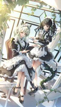 2girls absurdres alternate_costume animal_ears apron arknights black_dress black_hair black_shoes blue_sky cat_ears cat_girl chair commentary_request cup dress enmaided green_eyes green_hair highres holding holding_cup juliet_sleeves kal&#039;tsit_(arknights) kal&#039;tsit_(the_remains_of_time)_(arknights) long_hair long_sleeves looking_at_another maid maid_apron maid_headdress mon3tr_(arknights) multiple_girls norimori puffy_sleeves shoes sitting sky sunlight tail