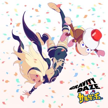 1girl anniversary armlet black_scarf blonde_hair blue_eyes boots breasts commentary_request confetti crossover falling forehead gradient_background gravity_daze hair_blowing hairband headwear_request high_heel_boots high_heels highres jewelry kitten_(gravity_daze) kneehighs leotard logo long_hair looking_at_viewer monkey official_art open_mouth outstretched_arms parted_bangs pink_background red_eyes saitou_shunsuke saru_getchu scarf shorts simple_background small_breasts smile socks spread_arms strapless upside-down vambraces white_background yellow_shorts