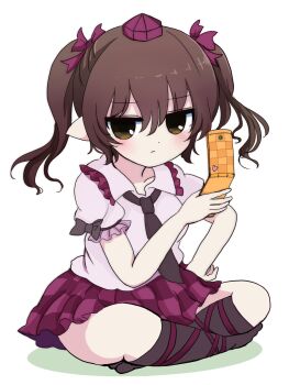 Rule 34 | 1girl, azuma meri, black bow, black necktie, black socks, blush, bow, brown eyes, brown hair, checkered clothes, checkered skirt, closed mouth, collared shirt, commentary request, frilled sleeves, frills, full body, hair between eyes, hair bow, hat, highres, himekaidou hatate, kneehighs, long hair, looking at viewer, necktie, pleated skirt, purple bow, purple hat, purple skirt, shirt, short sleeves, simple background, sitting, skirt, sleeve bow, socks, solo, tokin hat, touhou, twintails, white background, white shirt