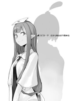 1girl breasts capelet closed_mouth dungeon_ni_deai_wo_motomeru_no_wa_machigatteiru_darou_ka elf envelope greyscale highres long_hair long_necktie long_sidelocks low-tied_long_hair monochrome necktie nina_tulle novel_illustration object_on_head official_art pointy_ears sidelocks sideways_glance silhouette simple_background small_breasts smile solo standing third-party_source very_long_sidelocks white_background yasuda_suzuhito