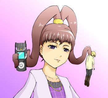 amano_nene_(digimon_xros_wars) aonuma_kiriha brown_hair digimon hair_ornament hairclip long_hair looking_at_viewer purple_eyes twintails what
