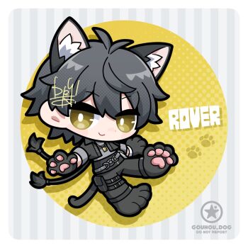 1boy animal_ear_fluff animal_ears animal_feet animal_hands artist_logo black_hair black_jacket black_pants bright_pupils cat_boy cat_ears character_name chibi chibi_only closed_mouth commentary dog-san grey_shirt highres jacket kemonomimi_mode logo looking_at_viewer male_focus male_rover_(wuthering_waves) pants rover_(wuthering_waves) shirt smile solo symbol-only_commentary white_pupils wuthering_waves yellow_eyes
