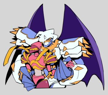 Rule 34 | agua con hielo, armor, black wings, digimon, digimon (creature), digimon frontier, dragon wings, dynasmon, grey background, highres, holding hands, knight, lordknightmon, pink armor, ribbon, royal knights, simple background, upper body, white armor, wings, yellow ribbon