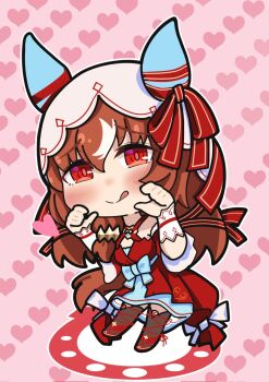 1girl animal_ears black_thighhighs blush bow breasts brown_hair chibi closed_mouth detached_sleeves dress ear_covers ear_ribbon hair_between_eyes hair_ornament heart highres horse_ears horse_girl horse_tail kiri_kiri long_hair looking_at_viewer red_dress red_eyes ribbon smile solo still_in_love_(scarlet_vow_raiment)_(umamusume) still_in_love_(umamusume) string string_of_fate tail thighhighs tongue tongue_out umamusume veil white_veil