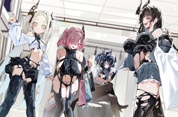 4girls absurdres bahamut_(nikke) behemoth_(nikke) black_hair black_horns black_liquid black_panties black_pantyhose black_shorts black_skirt black_tank_top breasts clothes_hanger commentary crop_top crossed_legs four_beasts_(nikke) goddess_of_victory:_nikke green_eyes grey_hair highres holding holding_clothes_hanger horns huge_breasts indoors its2h35 leviathan_(nikke) liquid_clothes long_hair multiple_girls navel panties pantyhose pubic_tattoo purple_hair shirt short_hair shorts sideboob single_horn skirt small_breasts tank_top tattoo twintails underwear very_long_hair white_shirt ziz_(nikke)