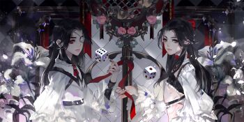 2boys bandaged_neck bandages banner black_hair black_shirt bow brooch capelet chinese_commentary cleavage_cutout closed_mouth clothing_cutout commentary_request cowboy_shot crop_top dice eyelashes eyepatch flower frilled_capelet frilled_shirt_collar frilled_sleeves frills girly_boy grey_eyes hair_bow highres holding holding_ribbon hua_cheng indoors jewelry lace-trimmed_capelet lace_trim light_particles lily_(flower) lipstick long_hair long_sleeves looking_at_viewer makeup male-female_symbol medical_eyepatch multiple_boys neck_ribbon pectoral_cleavage pectorals pink_flower pink_lips pink_rose puffy_long_sleeves puffy_sleeves red_bow red_eyes red_ribbon ribbon ribs rose shirt shrug_(clothing) sidelocks skinny smile thick_eyebrows tianguan_cifu very_long_hair white_capelet white_flower white_shrug xie_lian ye_dian_pikaqiu