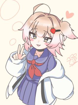 1girl :3 ahoge arm_up artist_logo black_straps blonde_hair blue_collar blue_shirt blue_skirt blush borrowed_character circle collar commentary_request derorean1212 double-parted_bangs food-themed_hair_ornament grey_eyes hair_intakes hair_ornament hairpin heart highres ichigo_(g6rzs_ichigo)_(character) jacket logo long_sleeves looking_at_viewer medium_hair multicolored_hair neckerchief one_side_up open_mouth original pleated_skirt puffy_long_sleeves puffy_sleeves red_neckerchief school_uniform serafuku shirt simple_background skirt sleeves_past_wrists smile solo strawberry_hair_ornament two-tone_hair upper_body w white_hair white_jacket yellow_background