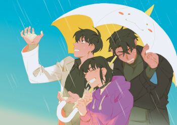 1girl 2boys biyoo_(omniscient_reader's_viewpoint) black_coat black_hair black_shirt character_print coat collared_shirt commentary grin han_sooyoung hand_up height_difference holding holding_umbrella hood hood_down hoodie kim_dokja multiple_boys nemomosso omniscient_reader's_viewpoint open_clothes open_coat outdoors popped_collar purple_hoodie rain shirt short_hair smile sweatdrop symbol-only_commentary umbrella upper_body white_coat yoo_joonghyuk
