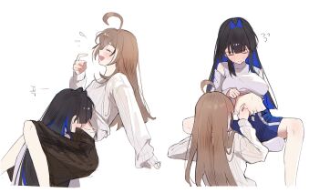 2girls abs between_legs black_hair black_skirt blue_hair blue_shorts blush brown_hair closed_eyes closed_mouth clothes_lift colored_inner_hair emimhok flying_sweatdrops hair_intakes highres hololive hololive_english kissing_stomach multicolored_hair multiple_girls nanashi_mumei open_mouth ouro_kronii shirt shirt_lift shorts skirt sweat sweater tears toned toned_female virtual_youtuber white_shirt white_sweater yuri