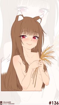1girl absurdres animal_ears blush breasts brown_hair closed_mouth collarbone commentary completely_nude english_commentary fang highres holo likunea long_hair looking_at_viewer medium_breasts nude patreon_logo patreon_username red_eyes smile solo spice_and_wolf twitter_username twitter_x_logo upper_body wheat wolf_ears wolf_girl zoom_layer
