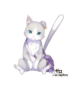 :3 aqua_eyes bag blush cat commentary_request copyright_name earrings english_text full_body grey_cat highres jewelry looking_at_viewer official_art ootsuka_shin&#039;ichirou puck_(re:zero) purple_bag re:zero_kara_hajimeru_isekai_seikatsu shoulder_bag simple_background sitting smile solo tachi-e thick_eyebrows title white_background