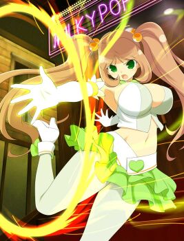 1girl :o angry aura beads border bow bowtie breasts brown_hair ceiling ceiling_light cleavage crop_top detached_collar door elbow_gloves english_text fighting frilled_skirt frills gloves green_bow green_bowtie green_eyes green_pantyhose green_skirt green_vest groin hair_beads hair_bobbles hair_ornament high_heels holding_hula_hoop indoors large_breasts leaning_back leg_up long_hair low_twintails midriff navel neon_lights neon_sign official_alternate_costume official_art outstretched_arms panties panties_under_pantyhose pantyhose pantyshot reaching senran_kagura senran_kagura_new_wave sidelocks skirt solo spread_arms stairs standing standing_on_one_leg tamaki_(senran_kagura) twintails underwear vest white_gloves white_pantyhose
