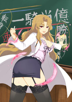 1girl :d black_garter_straps black_skirt black_thighhighs blonde_hair breasts chalk chalkboard cleavage daidouji_(senran_kagura) energy from_behind game_cg garter_straps hand_on_wall holding holding_chalk lab_coat lace lace-trimmed_thighhighs lace_trim large_breasts light_particles lipstick long_hair looking_at_viewer looking_back makeup mole mole_under_eye official_art open_mouth parted_bangs pencil_skirt pink_shirt red_eyes red_lips senran_kagura senran_kagura_new_wave senran_kagura_shoujo-tachi_no_shin'ei shirt side_slit skirt smile solo teacher thighhighs translation_request very_long_hair wavy_hair