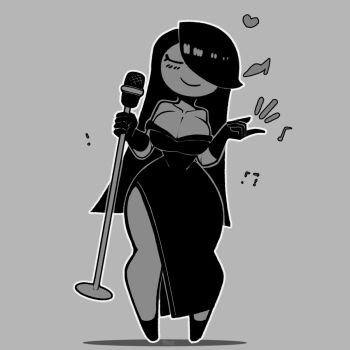 1girl animated animated_gif bare_shoulders bouncing_breasts breasts cleavage closed_eyes collarbone commentary cream_(movail2) curvy dress english_commentary gloves grey_background hair_over_one_eye highres holding holding_microphone_stand large_breasts long_hair looping_animation microphone_stand monochrome movail2 music musical_note narrow_waist open_mouth original side_slit simple_background singing snapping_fingers solo wide_hips