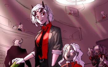 6+girls absurdres animal_ears black_horns black_jacket black_necktie cerberus_(helltaker) demon demon_girl demon_horns eyewear_on_head gloves hell helltaker highres horns jacket judgement_(helltaker) justice_(helltaker) long_hair lucifer_(helltaker) malina_(helltaker) modeus_(helltaker) multiple_girls necktie pandemonica_(helltaker) red_eyes red_shirt round_eyewear shirt short_hair skeleton_(helltaker) sunglasses white_gloves white_hair xi_buang zdrada_(helltaker)