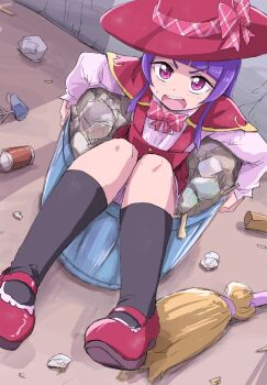 1girl black_socks bow bowtie broom can capelet commentary crumpled_paper fish_skeleton from_above full_body hat hat_bow highres in_container in_trash_can izayoi_liko looking_at_viewer magic_school_uniform_(mahou_girls_precure!) mahou_girls_precure! mary_janes open_mouth outdoors pink_hair precure purple_hair red_bow red_bowtie red_capelet red_hat red_socks school_uniform shirt shoes socks solo trash trash_can uraki white_shirt witch_hat