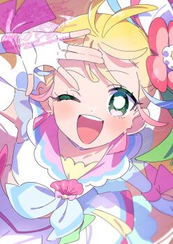 1girl blonde_hair blue_neckerchief bow brooch colored_eyelashes commentary_request cowboy_shot crop_top cure_summer dot_nose elbow_gloves fingerless_gloves flower frilled_skirt frills gloves green_eyes hair_flower hair_ornament hand_on_own_head happy highres jewelry light_blush long_hair looking_at_viewer magical_girl midriff miniskirt natsuumi_manatsu neckerchief one_eye_closed open_mouth pink_bow pink_sailor_collar precure red_flower sailor_collar serizawa_serizane shell_brooch shirt side_ponytail skirt skirt_set sleeveless sleeveless_shirt smile solo teeth tropical-rouge!_precure twitter_username upper_teeth_only very_long_hair watermark white_gloves white_shirt white_skirt wrist_bow