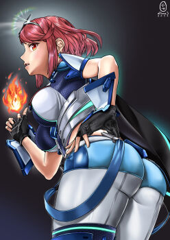 1girl absurdres alternate_color artist_name ass backless_outfit black_gloves blue_shorts blue_thighhighs bob_cut breasts chest_jewel earrings fingerless_gloves fire floating_earrings from_below ftum5447 gloves hand_on_own_hip hand_up highres impossible_clothes jewelry large_breasts nintendo pantyhose pantyhose_under_shorts pyra_(xenoblade) pyrokinesis red_eyes red_hair short_hair short_sleeves shorts skindentation solo super_smash_bros. suspenders swept_bangs thighhighs thighhighs_over_pantyhose tiara white_pantyhose xenoblade_chronicles_(series) xenoblade_chronicles_2