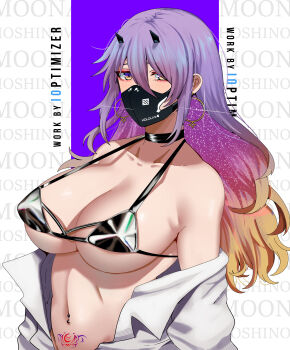 1girl absurdres alternate_costume artist_name bikini black_bikini black_choker black_mask blonde_hair breasts character_name choker collarbone colored_inner_hair copyright_name covered_erect_nipples earrings glint gradient_eyes hair_between_eyes highres hololive hololive_indonesia hoop_earrings horn_ornament horns io_troublemaker jewelry large_breasts long_hair looking_at_viewer mask micro_bikini moona_hoshinova mouth_mask multicolored_eyes multicolored_hair navel navel_piercing off_shoulder piercing purple_eyes purple_hair shirt sideboob solo starry_hair stomach_tattoo strap_gap swimsuit tattoo text_background upper_body virtual_youtuber white_shirt yellow_eyes