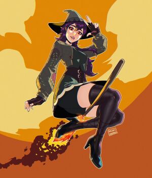 1girl absurdres bike_shorts bike_shorts_under_skirt black_gloves black_hat black_jacket black_thighhighs breasts broom broom_riding commentary english_commentary fingerless_gloves fire fortnite full_body gloves green_shirt green_skirt hat high_heels highres jacket lexa_(fortnite) lexa_hexbringer_(niteshade) long_hair medium_breasts miniskirt mrmiguelart orange_background parted_lips pink_lips purple_hair red_eyes shirt signature skirt smile solo thighhighs w witch_hat zettai_ryouiki