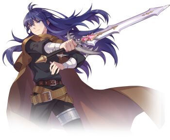 Rule 34 | 1boy, alpha transparency, antenna hair, arm wrap, artist request, belt, belt buckle, black pants, black shirt, black sleeves, blue hair, boris jinneman, brown belt, brown cape, buckle, cape, closed mouth, collared capelet, cross-laced capelet, cross-laced clothes, crossed belts, eyelashes, fingernails, floating cape, floating hair, frown, gem, glint, grey eyes, hair between eyes, holding, holding sword, holding weapon, long hair, long sidelocks, looking to the side, male focus, nexon, official art, pants, red gemstone, second-party source, shirt, sidelocks, silver legwear, simple background, solo, split mouth, straight hair, sword, tales weaver, tassel, three-quarter sleeves, transparent background, turtleneck, turtleneck capelet, weapon