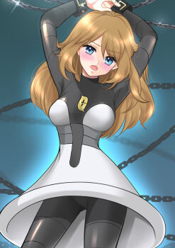 1girl blonde_hair blue_eyes blush breasts chain cosplay cuffs dress handcuffs highres logo long_hair long_sleeves looking_at_viewer mars_(pokemon) mars_(pokemon)_(cosplay) maskmaya1 nintendo open_mouth pokemon pokemon_dppt pokemon_xy serena_(pokemon) skirt solo team_galactic team_galactic_uniform thighhighs